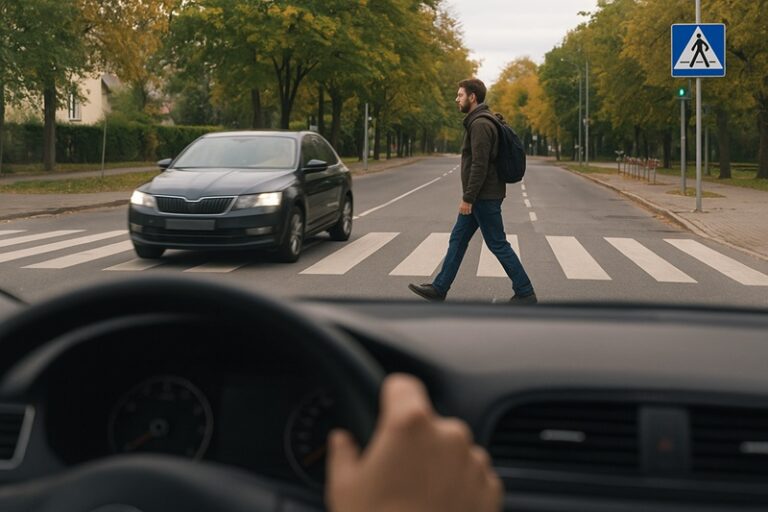 kierowca zatrzymujący się przed przejściem dla pieszych