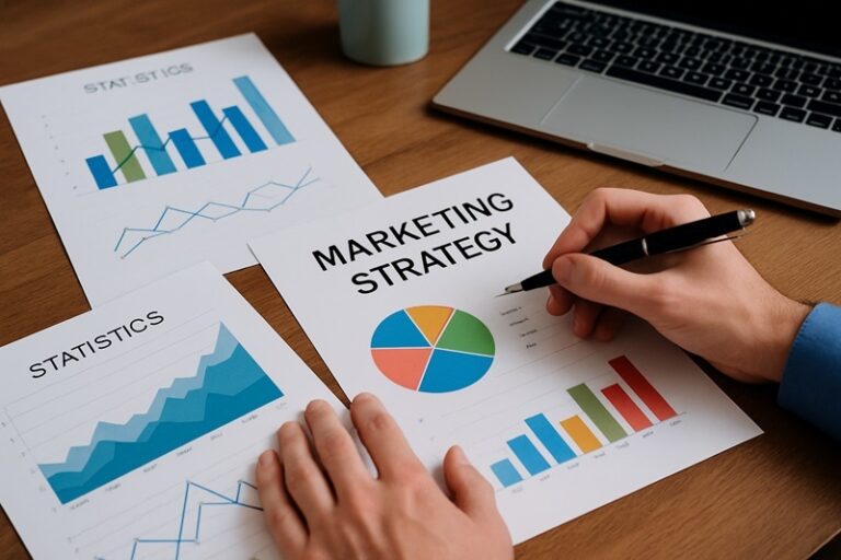 Zespół marketingowy analizujący dane i tworzący strategię przy biurku z laptopami i wykresami