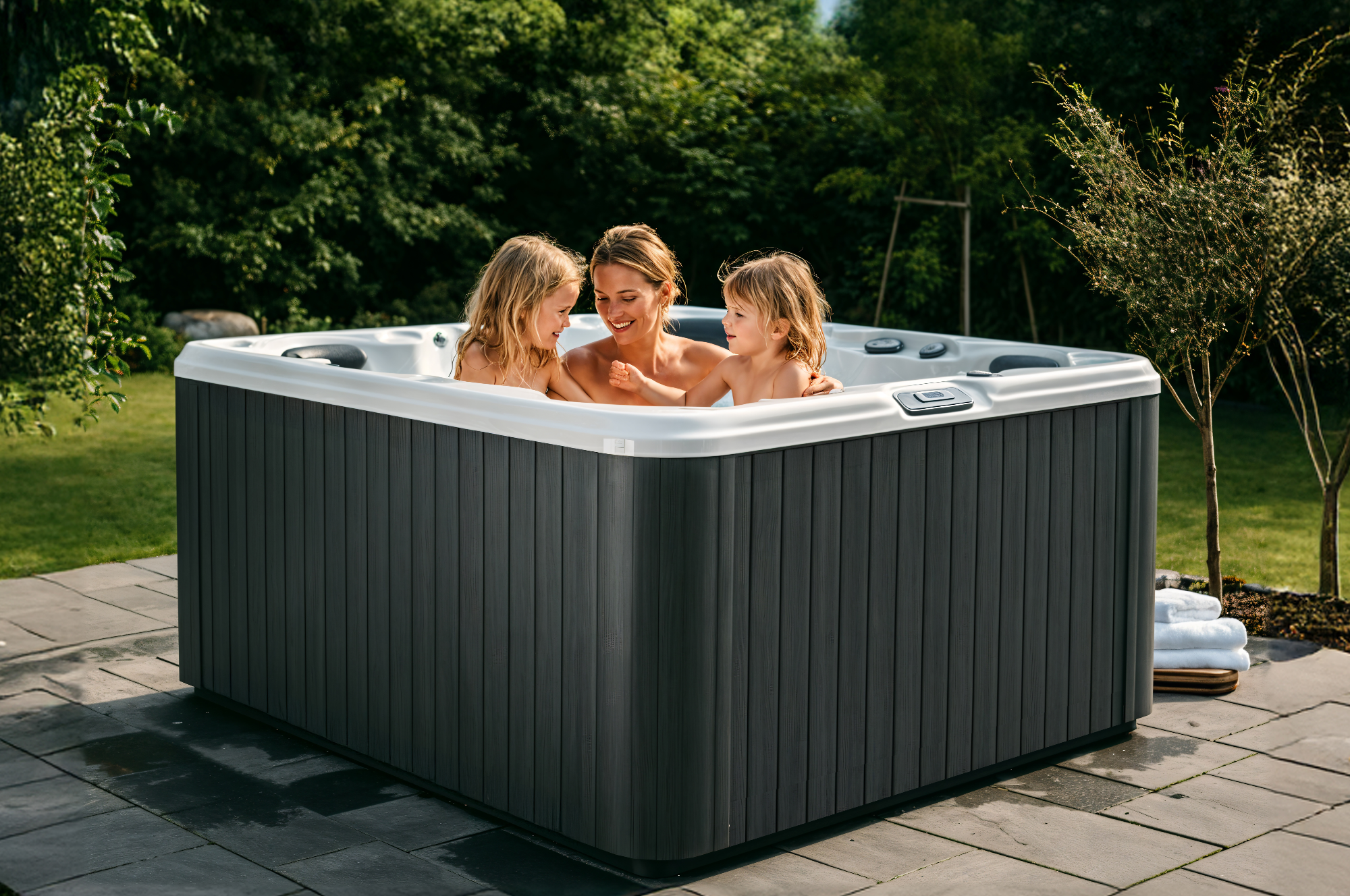 Otwarta ogrodowa wanna SPA otoczona roślinami, przygotowana do relaksu i spotkań z bliskimi