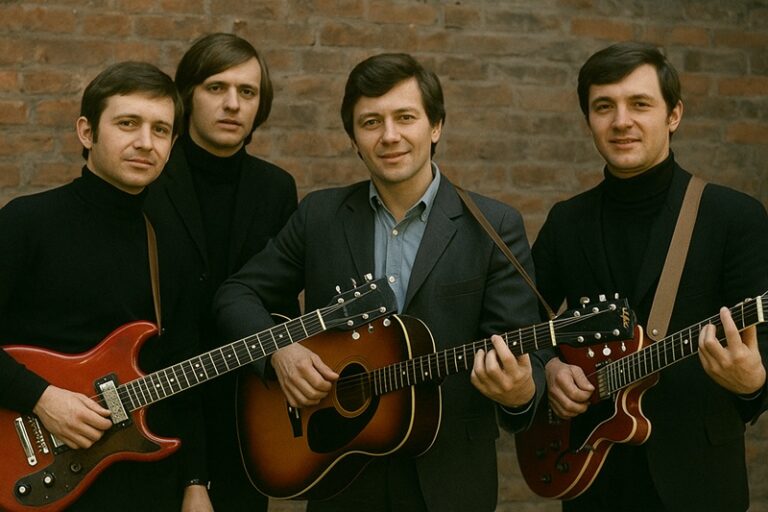 Czterech muzyków w stylu retro grających na gitarach elektrycznych i akustycznych na scenie, w estetyce vintage, przypominającej klimat polskich zespołów z lat 60.