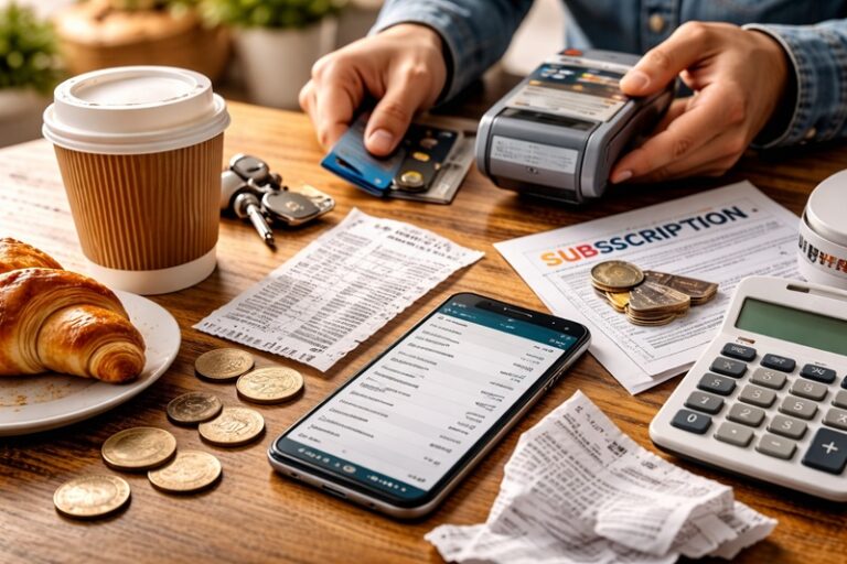 Ukryte koszty codziennych nawyków przedstawione poprzez codzienne wydatki: kawa na wynos, paragony, smartfon z listą transakcji i płatność kartą
