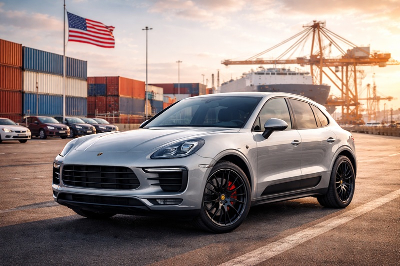 Porsche Macan zaparkowany w porcie kontenerowym w USA na tle statków i zachodzącego słońca