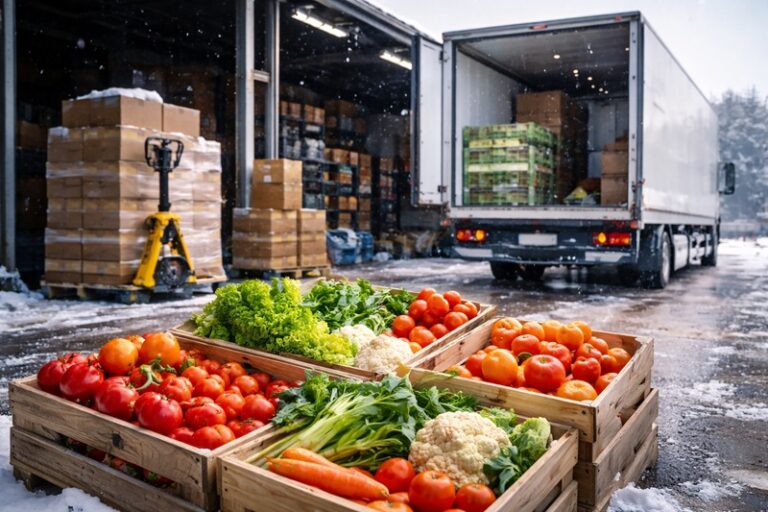 Logistyka żywności zimą, transport świeżych produktów spożywczych w warunkach zimowych, ciężarówki chłodnicze i magazyn dystrybucyjny