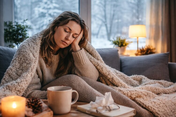 zimowy spadek energii kobieta siedząca pod kocem z kubkiem herbaty w domu podczas zimowego dnia