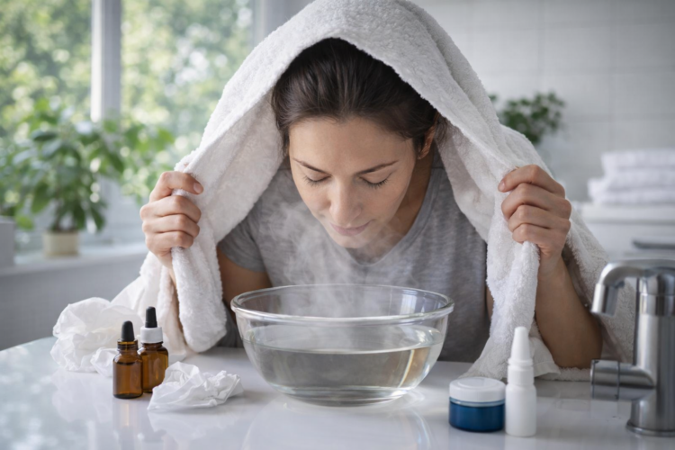 Kobieta wykonuje inhalację parową nad miską z gorącą wodą w łazience podczas przeziębienia