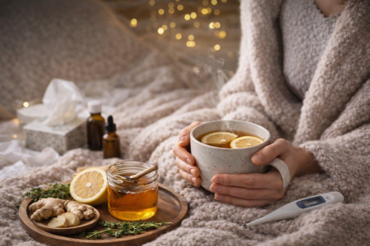 Kobieta owinięta w koc pije gorącą herbatę z cytryną podczas przeziębienia w przytulnym wnętrzu
