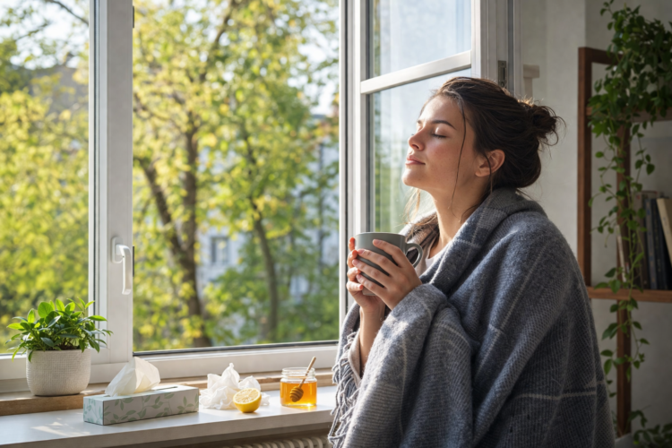 Kobieta stoi przy otwartym oknie i oddycha świeżym powietrzem, trzymając kubek herbaty podczas przeziębienia