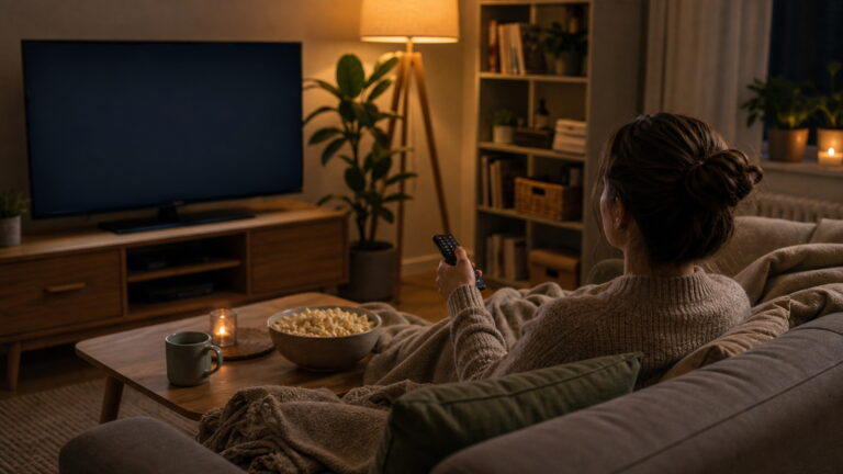 Wieczór filmowy w salonie z pilotem, popcornem, kocem i telewizorem gotowym do wyboru filmu.