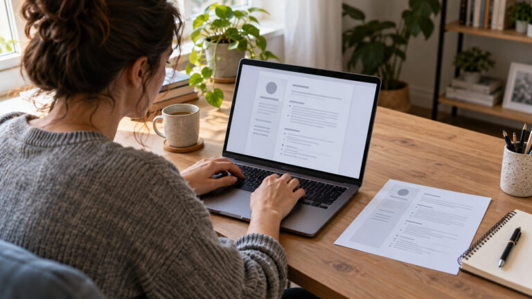 Osoba przygotowująca czytelne CV na laptopie i poprawiająca opis doświadczenia zawodowego