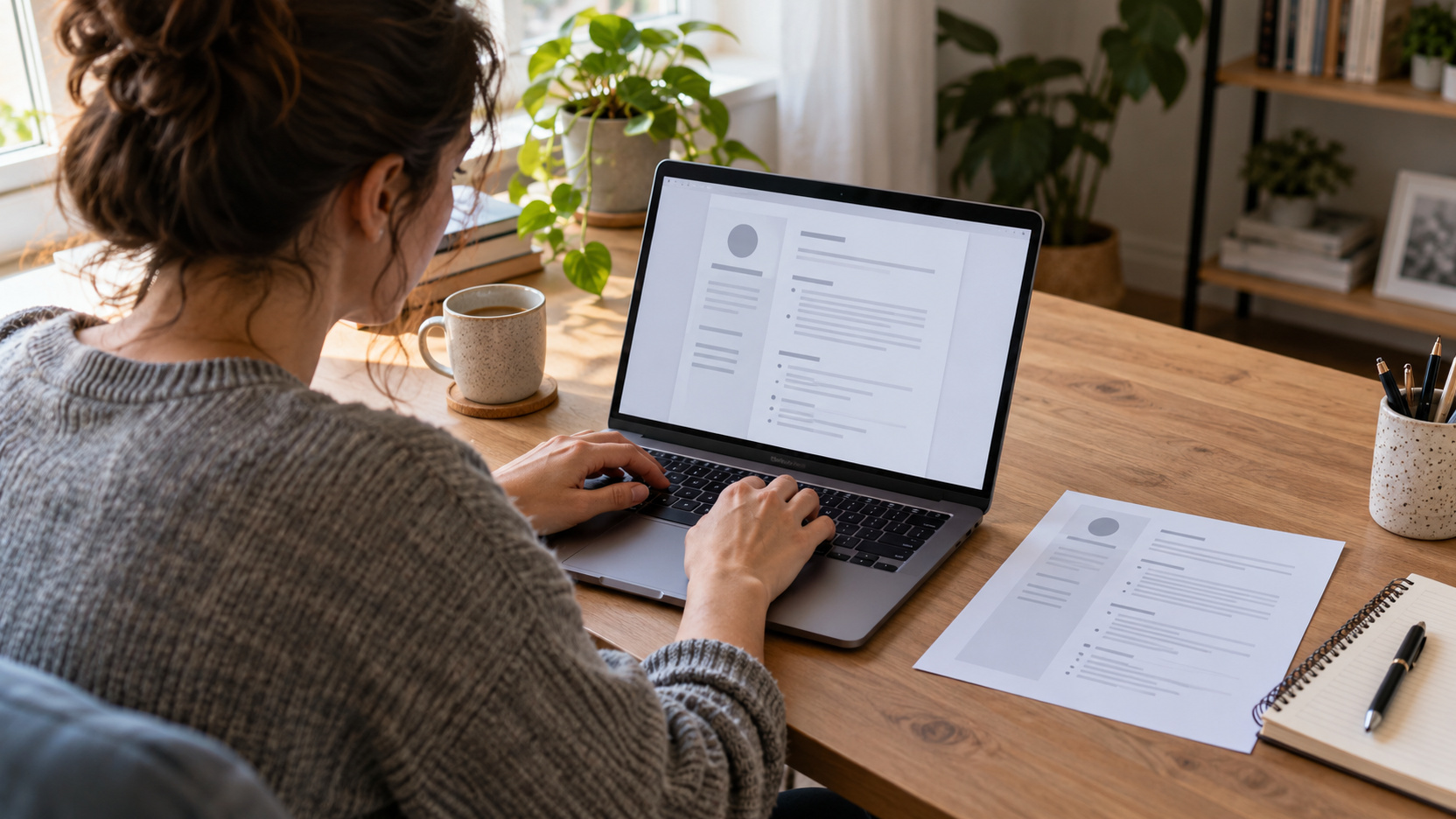 Osoba przygotowująca czytelne CV na laptopie i poprawiająca opis doświadczenia zawodowego