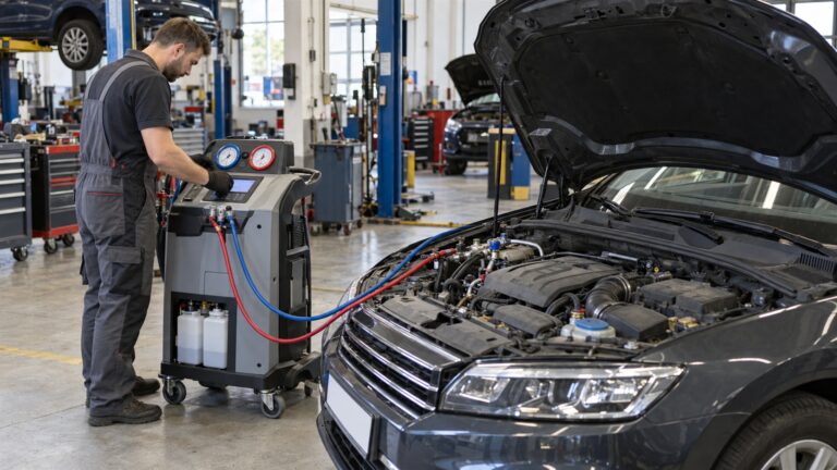 Mechanik wykonujący serwis klimatyzacji samochodowej w warsztacie